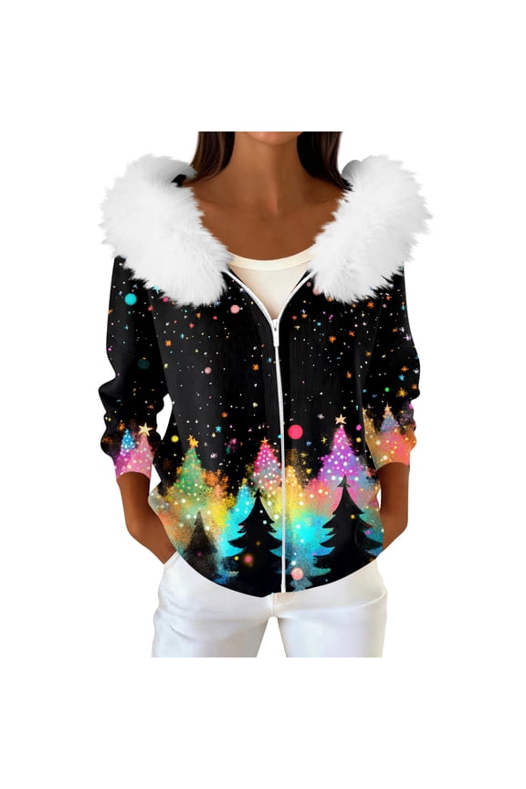 Women's Fashion Casual Sweater Zipper Cardigan, Christmas Themed Print Plush Hooded Jacket for Seasonal Holiday Cheer and Style,Multicolor,XL