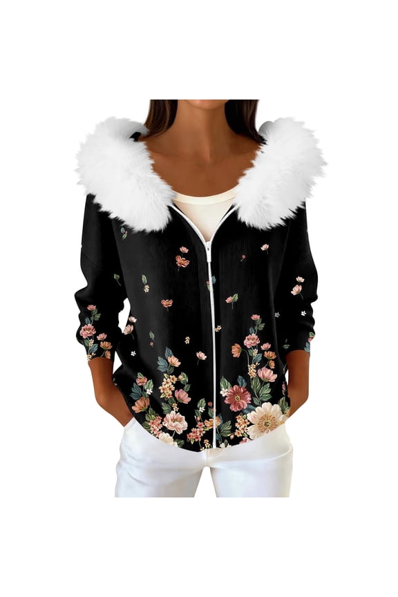 Women's Fashion Casual Sweater Zipper Cardigan, Floral Print Plush Hooded Jacket for Chic and Feminine Everyday Outerwear,Multicolor,S