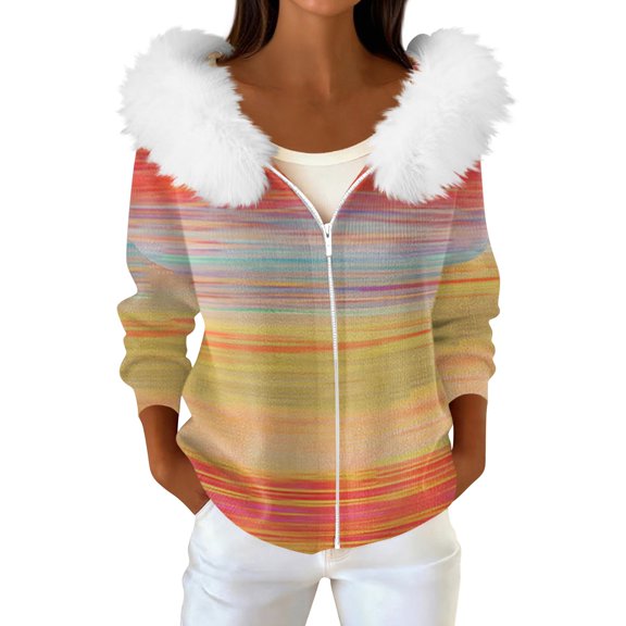 Women's Fashion Casual Sweater Zipper Cardigan, Gradient Color Print Plush Hooded Jacket for Trendy Street Style and Everyday Wear,Multicolor,S