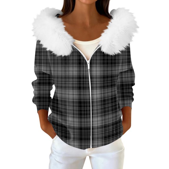 Women's Fashion Casual Sweater Zipper Cardigan, Plaid Print Plush Hooded Jacket for Classic Timeless Fashion and Warmth,Dark Gray,M