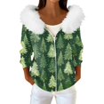 thumbnail image 1 of Women's Fashion Casual Sweater with Zipper Print, Plush Hooded Cardigan Jacket for Christmas Season and Cozy Wear,Green,M, 1 of 7