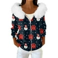 thumbnail image 1 of Women's Fashion Casual Sweater with Zipper Print, Plush Hooded Cardigan Jacket for Christmas Season and Cozy Wear,Navy,M, 1 of 7