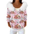thumbnail image 1 of Women's Fashion Casual Sweater with Zipper Print, Plush Hooded Cardigan Jacket for Christmas Season and Cozy Wear,Pink,XL, 1 of 7