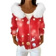 thumbnail image 1 of Women's Fashion Casual Sweater with Zipper Print, Plush Hooded Cardigan Jacket for Christmas Season and Cozy Wear,Vermilion,M, 1 of 7