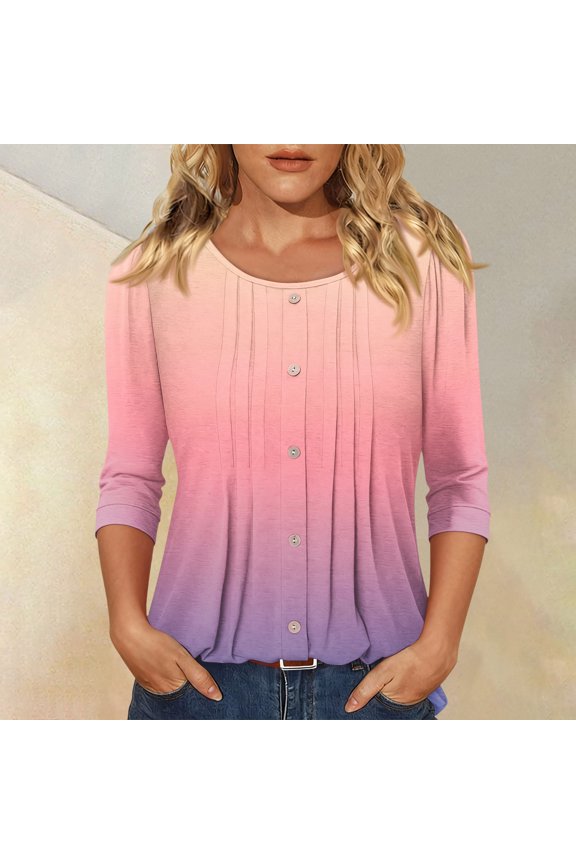 Women's Fashion Casual Three-Quarter Sleeve Button Gradient Round Neck Top, Chic Blouse for Women, Spring Summer Style,Multicolor,M