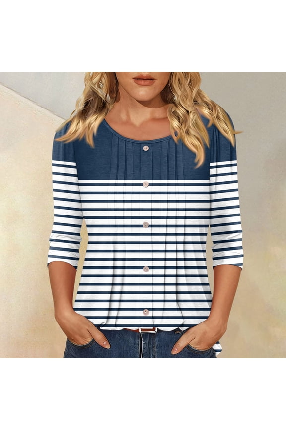 Women's Fashion Casual Three-Quarter Sleeve Button Plaid Striped Print Round Neck Top, Chic Blouse for Women,Dark Blue,S