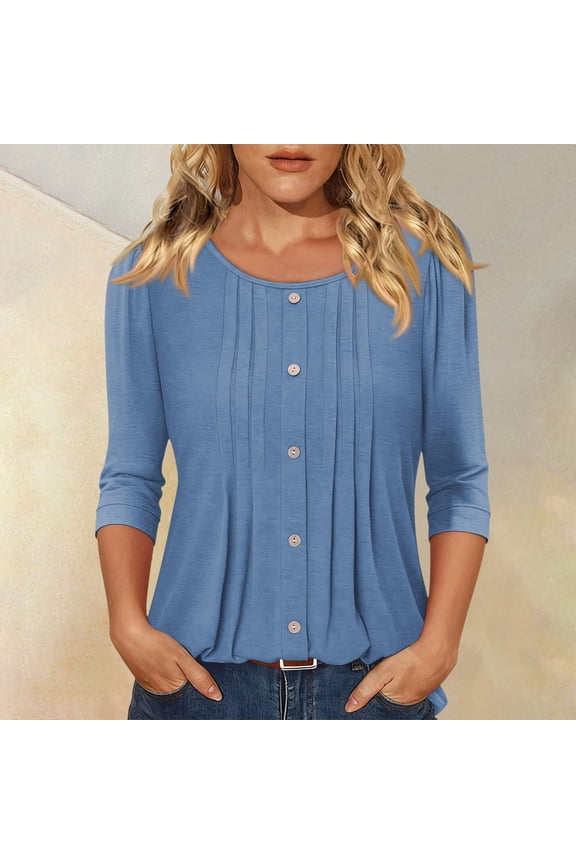 Women's Fashion Casual Three-Quarter Sleeve Button Solid Color Round Neck Top, Chic Blouse for Women, Spring Summer Style,Blue,M
