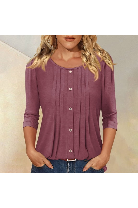Women's Fashion Casual Three-Quarter Sleeve Button Solid Color Round Neck Top, Chic Blouse for Women, Spring Summer Style,Wine,S