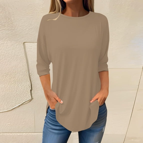Women's Fashion Casual Top, Solid Color Round Neck Three Quarter Sleeve T-Shirt, Simple and Comfortable Blouse for Everyday Relaxed Outfits Coffee XXXXL