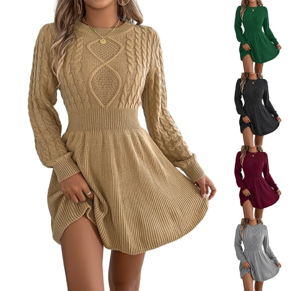 Women's Fashion Casual Twisted Knit Fitted Waist Sweater A-Line Skirt Round Neck Long Sleeve Solid Color Dress for Winter Style,Khaki,L