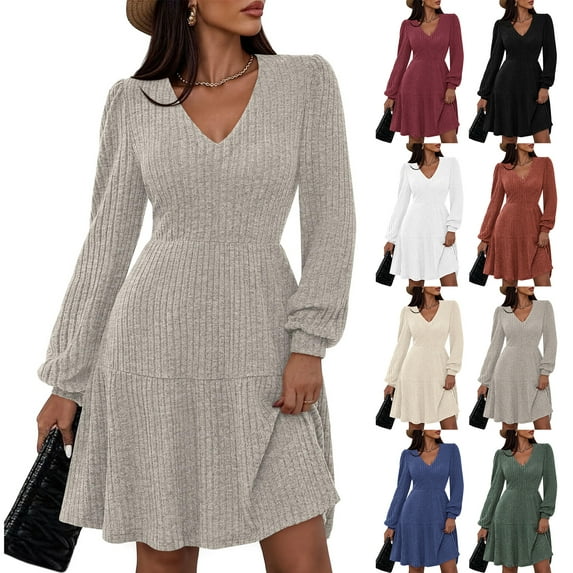 Women's Fashion Casual V-Neck A-Line Fit Solid Color Long Sleeve Dress for Winter Outings and Casual Events,Light Gray,2XL