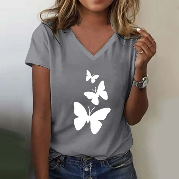 Women's Fashion Casual V Neck Butterfly Print Top Short Sleeve T Shirt