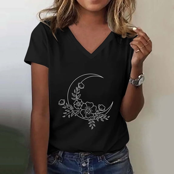 Women's Fashion Casual V Neck Floral Moon Print Top Short Sleeve T Shirt