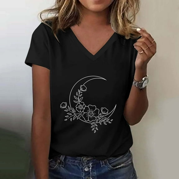 Women's Fashion Casual V Neck Floral Moon Print Top Short Sleeve T Shirt
