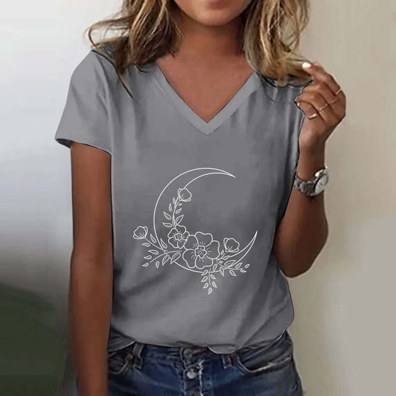 Women's Fashion Casual V Neck Floral Moon Print Top Short Sleeve T Shirt