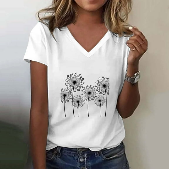 Women's Fashion Casual V Neck Floral Print Top Short Sleeve T Shirt
