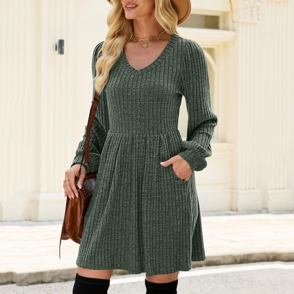 Women's Fashion Casual V-Neck Knitted Sweater Dress with Long Sleeves Pockets Solid Color for Winter Comfort and Style,Army Green,XL