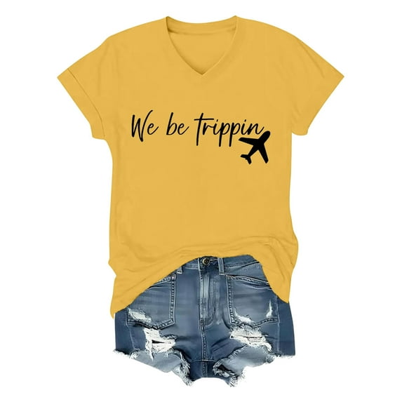 Women's Fashion Casual V Neck Letter Holiday Style T Shirt Top