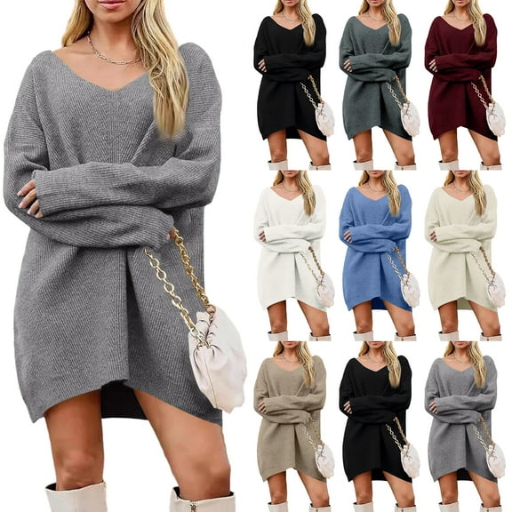 Women's Fashion Casual V-Neck Long Sleeve Rib Knitted Sweater Dress, Fall and Winter Elegant Dress for Casual Outings, Soft and Stretchy Material,Beige,S