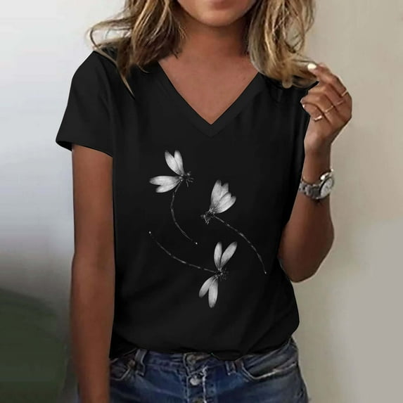 Women's Fashion Casual V Neck Print Top Short Sleeve T Shirt