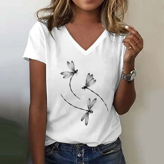 Women's Fashion Casual V Neck Print Top Short Sleeve T Shirt