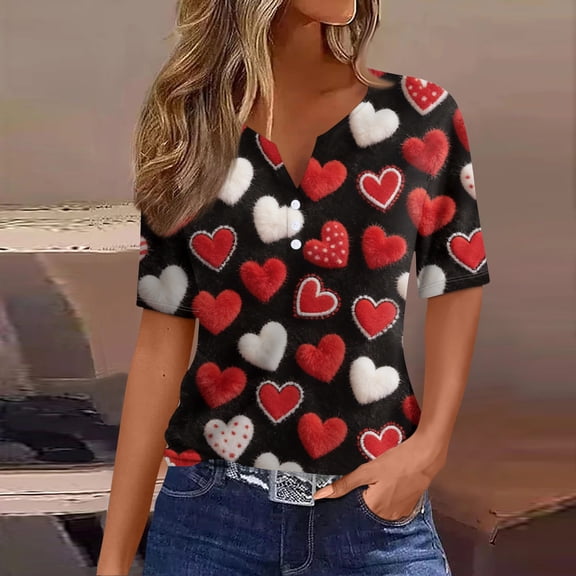 Women's Fashion Casual V-Neck Short Sleeve T-Shirt with Decorative Buttons and Valentine's Day Print, Comfortable Tee for Daily Wear,Deep Red,L