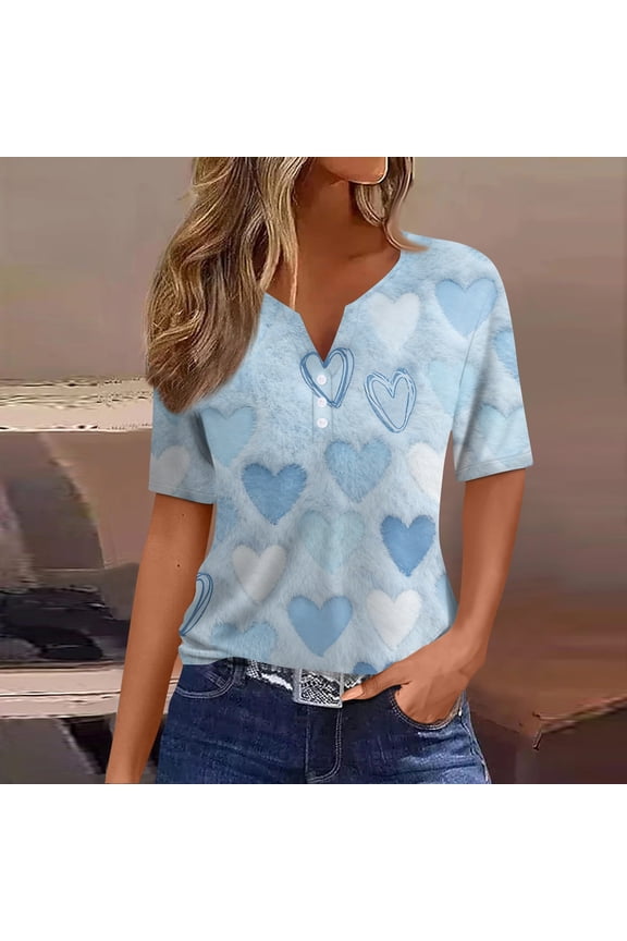 Women's Fashion Casual V-Neck Short Sleeve T-Shirt with Decorative Buttons and Valentine's Day Print, Comfortable Tee for Daily Wear,Light Blue,L