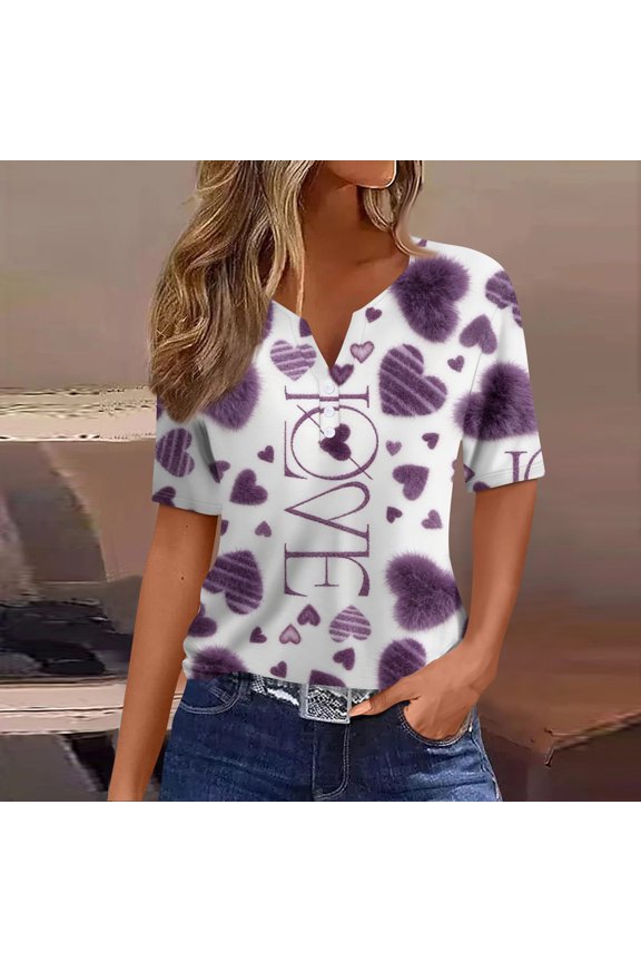 Women's Fashion Casual V-Neck Short Sleeve T-Shirt with Decorative Buttons and Valentine's Day Print, Comfortable Tee for Daily Wear,Purple,L