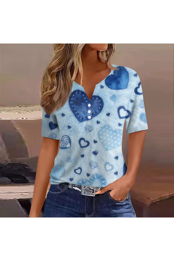Women's Fashion Casual V-Neck Short Sleeve T-Shirt with Decorative Buttons and Valentine's Day Print, Comfortable Tee for Daily Wear,Sky Blue,L