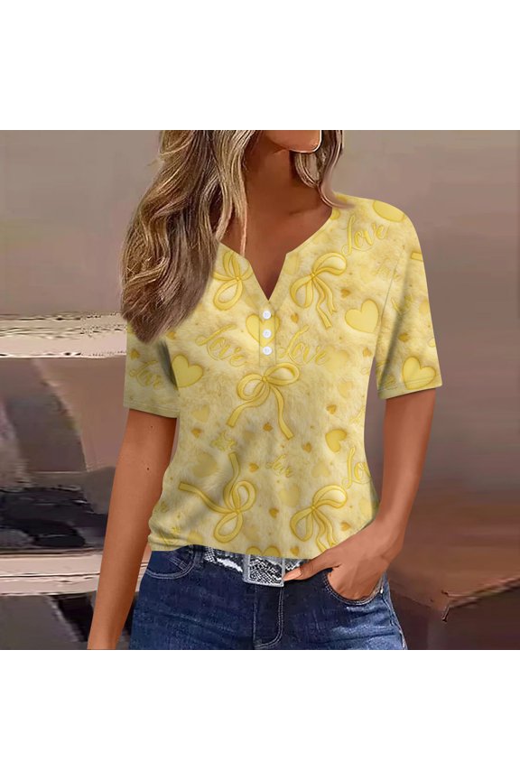 Women's Fashion Casual V-Neck Short Sleeve T-Shirt with Decorative Buttons and Valentine's Day Print, Comfortable Tee for Daily Wear,Yellow,L