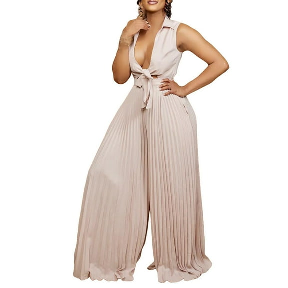 Women's Fashion Casual V Neck Sleeveless Lapel Jumpsuit - Loose Pleated Wide Leg, Polyester, for All Seasons - S-XXL Sizes