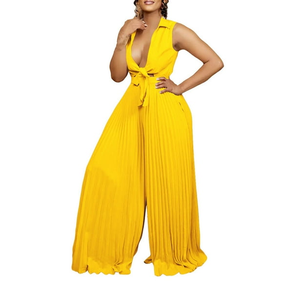 Women's Fashion Casual V Neck Sleeveless Lapel Jumpsuit - Loose Pleated Wide Leg, Polyester, for All Seasons - S-XXL Sizes