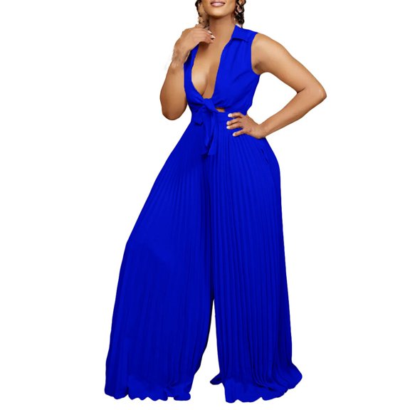 Women's Fashion Casual V Neck Sleeveless Lapel Jumpsuit - Loose Pleated Wide Leg, Polyester, for All Seasons - S-XXL Sizes