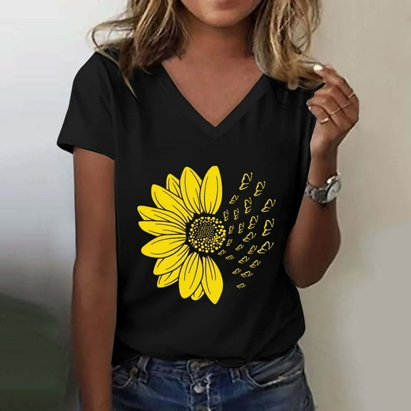 Women's Fashion Casual V Neck Sunflower Print Top Short Sleeve T Shirt
