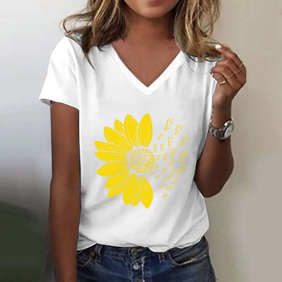 Women's Fashion Casual V Neck Sunflower Print Top Short Sleeve T Shirt