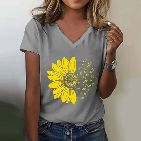 Women's Fashion Casual V Neck Sunflower Print Top Short Sleeve T Shirt