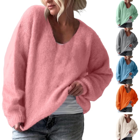 Women's Fashion Casual V-neck Solid Color Long-sleeve Knitted Sweater Top for Fall and Winter, Cozy and Elegant, Great for Casual Outfits,Gray,Size 2XL