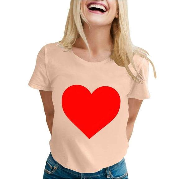 Women's Fashion Casual Valentine's Day Print T-Shirt Round Neck Short Sleeve Outdoor Sports Comfortable Tee Top