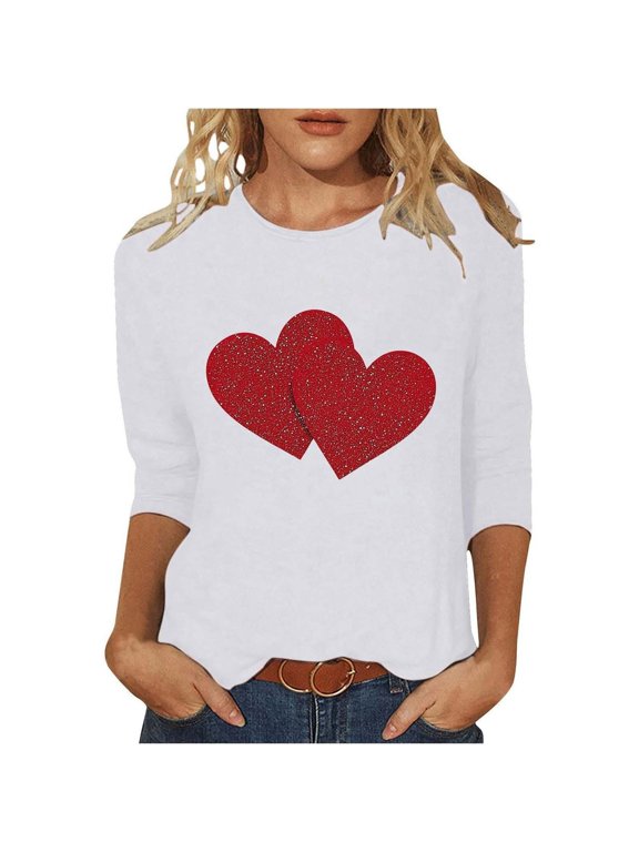 Women's Fashion Casual Valentine's Day Printed Round Neck Three Quarter Sleeve T-Shirt Top for Seasonal Comfort Oversized T-shirts Short Sleeve Crewneck Casual Tops