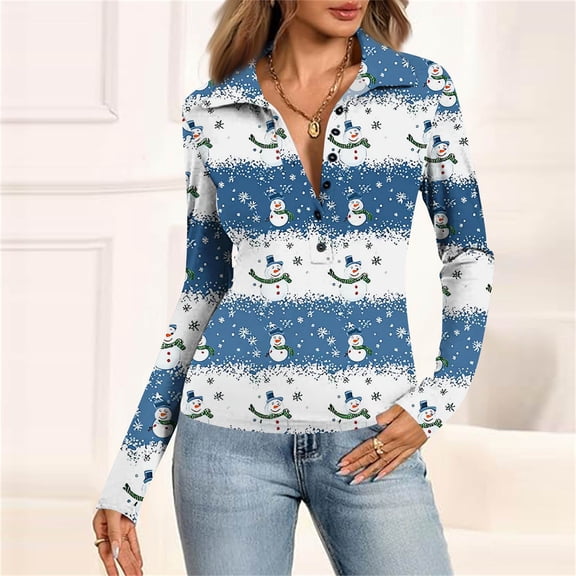 Women's Fashion Casual Vintage Christmas Printed V-Neck Long Sleeve Button-Down Polo Shirt Top, Holiday Blouse, Collared T-Shirt,Blue,M