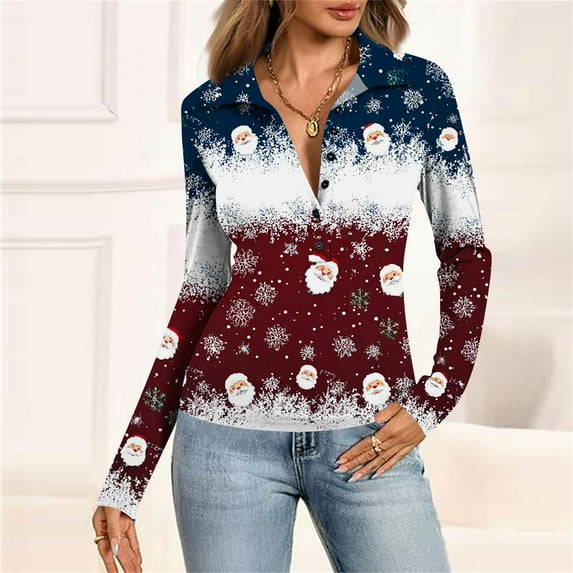 Women's Fashion Casual Vintage Christmas Printed V-Neck Long Sleeve Button-Down Polo Shirt Top, Holiday Blouse, Collared T-Shirt,Dark Blue,XL