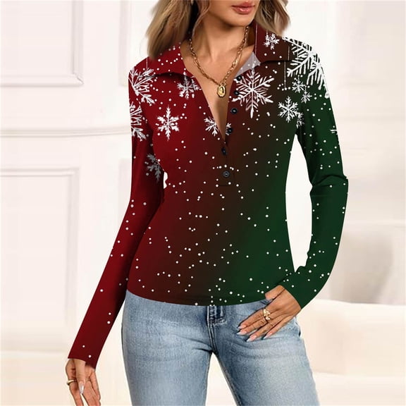 Women's Fashion Casual Vintage Christmas Printed V-Neck Long Sleeve Button-Down Polo Shirt Top, Holiday Blouse, Collared T-Shirt,Green,M