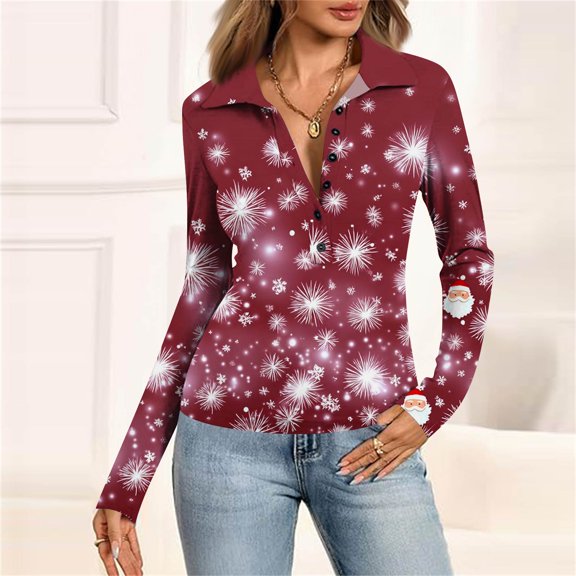 Women's Fashion Casual Vintage Christmas Printed V-Neck Long Sleeve Button-Down Polo Shirt Top, Holiday Blouse, Collared T-Shirt,Hot Pink,XL
