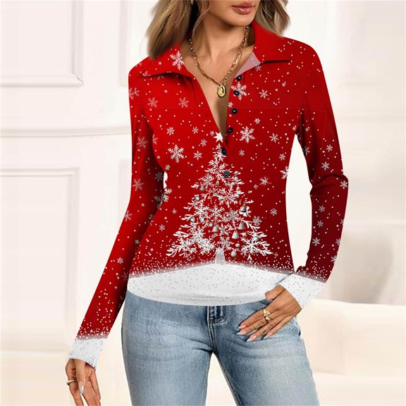 Women's Fashion Casual Vintage Christmas Printed V-Neck Long Sleeve Button-Down Polo Shirt Top, Holiday Blouse, Collared T-Shirt,Red,M