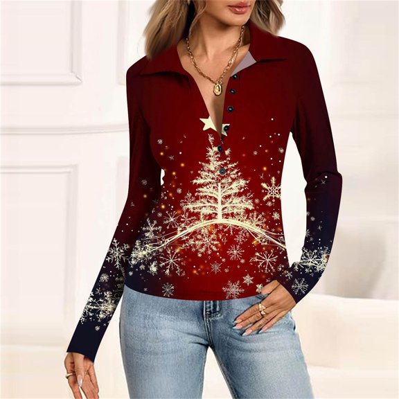 Women's Fashion Casual Vintage Christmas Printed V-Neck Long Sleeve Button-Down Polo Shirt Top, Holiday Blouse, Collared T-Shirt,Wine,L