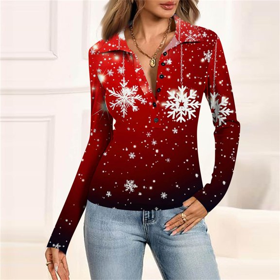 Women's Fashion Casual Vintage Christmas Printed V-Neck Long Sleeve Button-Down Polo Shirt Top, Holiday Blouse, Collared T-Shirt,Wine,M
