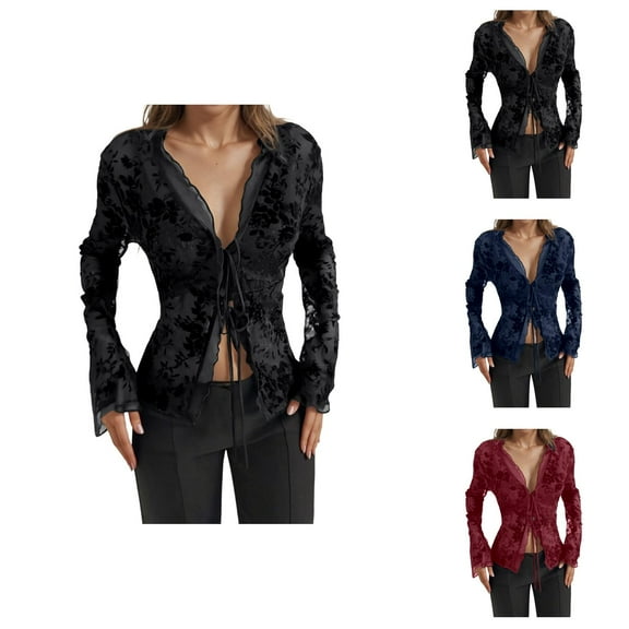 Women's Fashion Chiffon Blouse With Ruffled Flare Sleeves Little Black Dress Style Cardigan Sweaters for Women