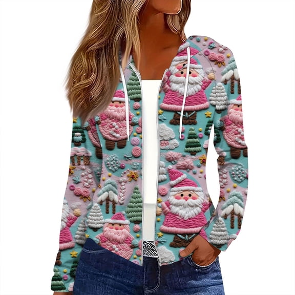 Women's Fashion Christmas Print Casual Zip-Up Long-Sleeve Hooded Jacket, for Outdoor Activities and Daily Use,Green,S