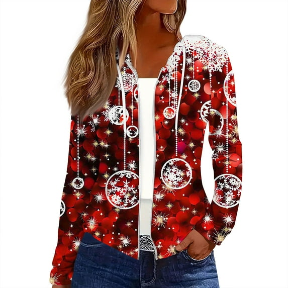 Women's Fashion Christmas Print Casual Zip-Up Long-Sleeve Hooded Jacket, for Outdoor Activities and Daily Use,Multicolor,S