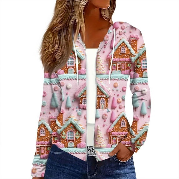 Women's Fashion Christmas Print Casual Zip-Up Long-Sleeve Hooded Jacket, for Outdoor Activities and Daily Use,Pink,L